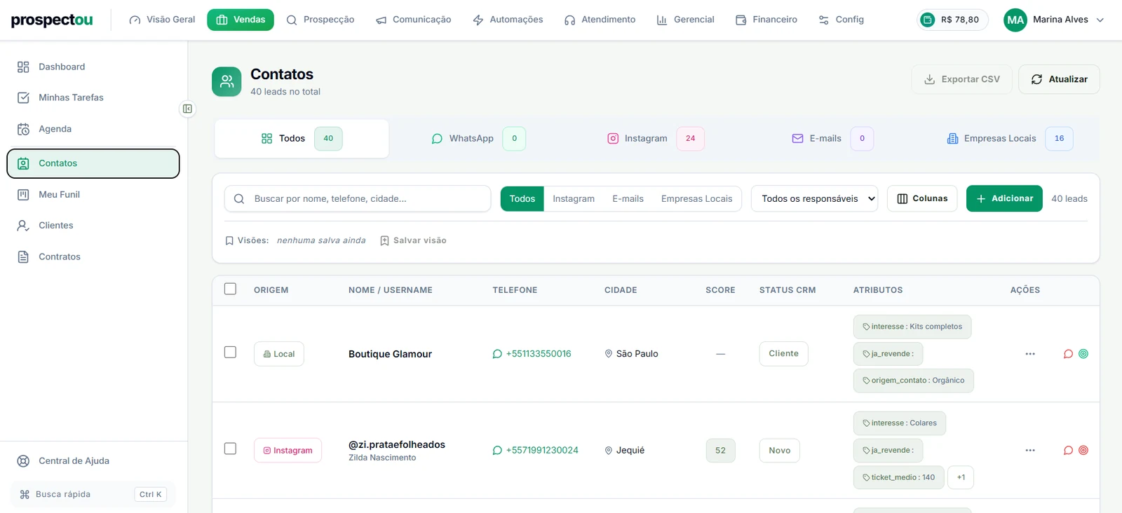 Lista de atividades e follow-ups da Prospectou com prazos e responsáveis por oportunidade
